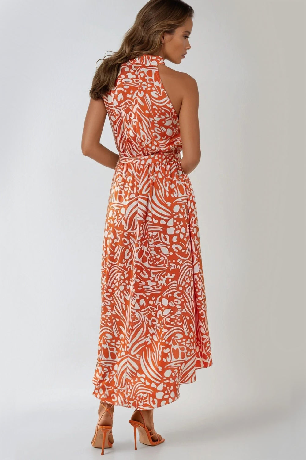 Orange Floral Halterneck Wrap Midi Dress Aftershock London