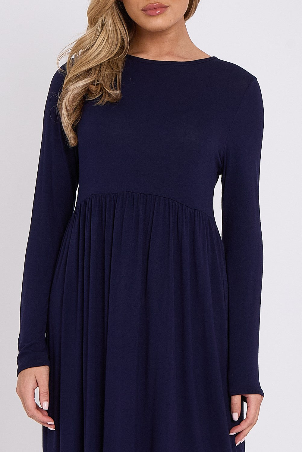 Navy Long Sleeve Gathered Waist Dress Aftershock London