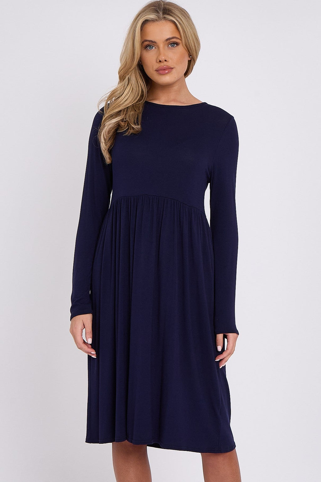 Navy Long Sleeve Gathered Waist Dress Aftershock London