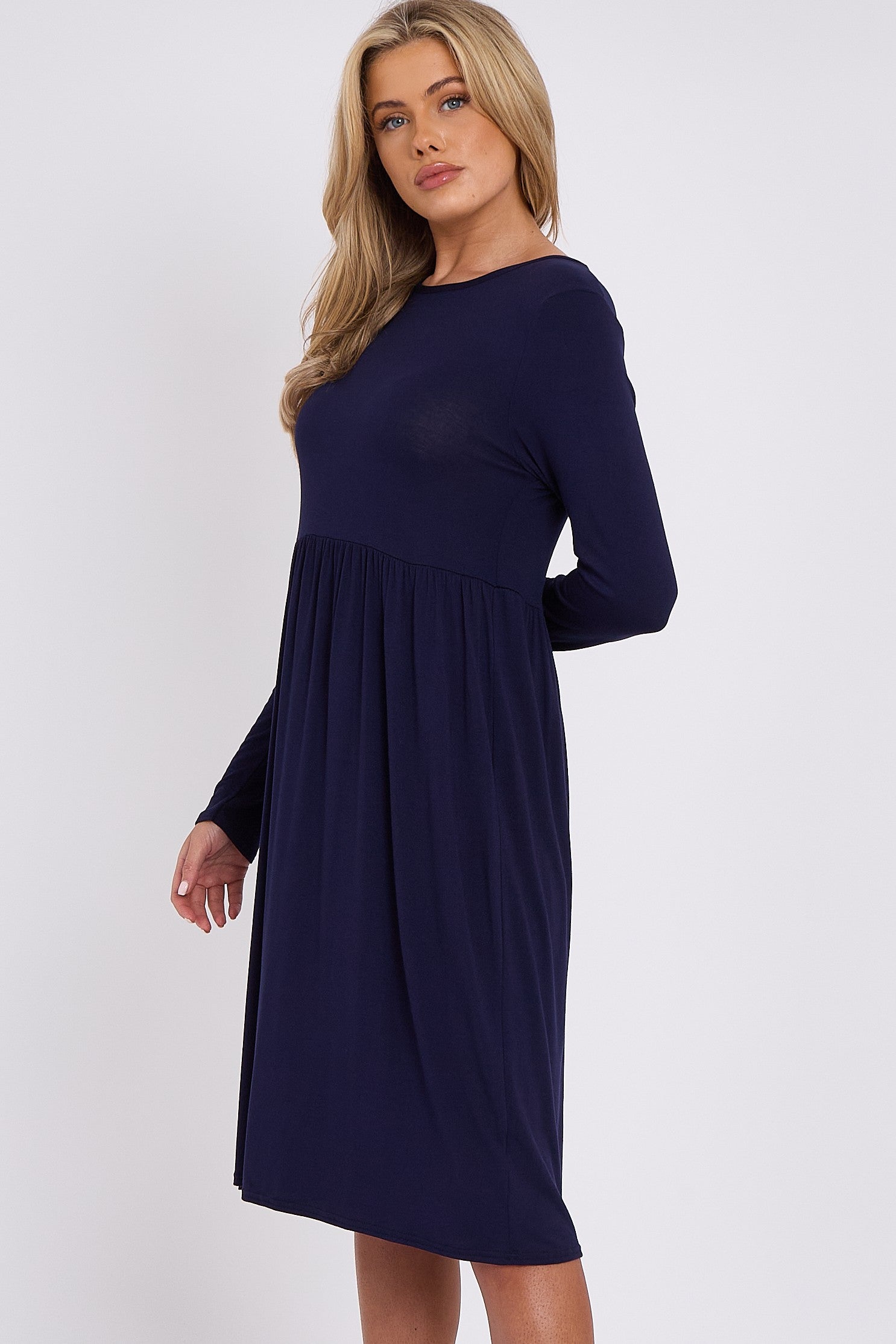 Navy Long Sleeve Gathered Waist Dress Aftershock London