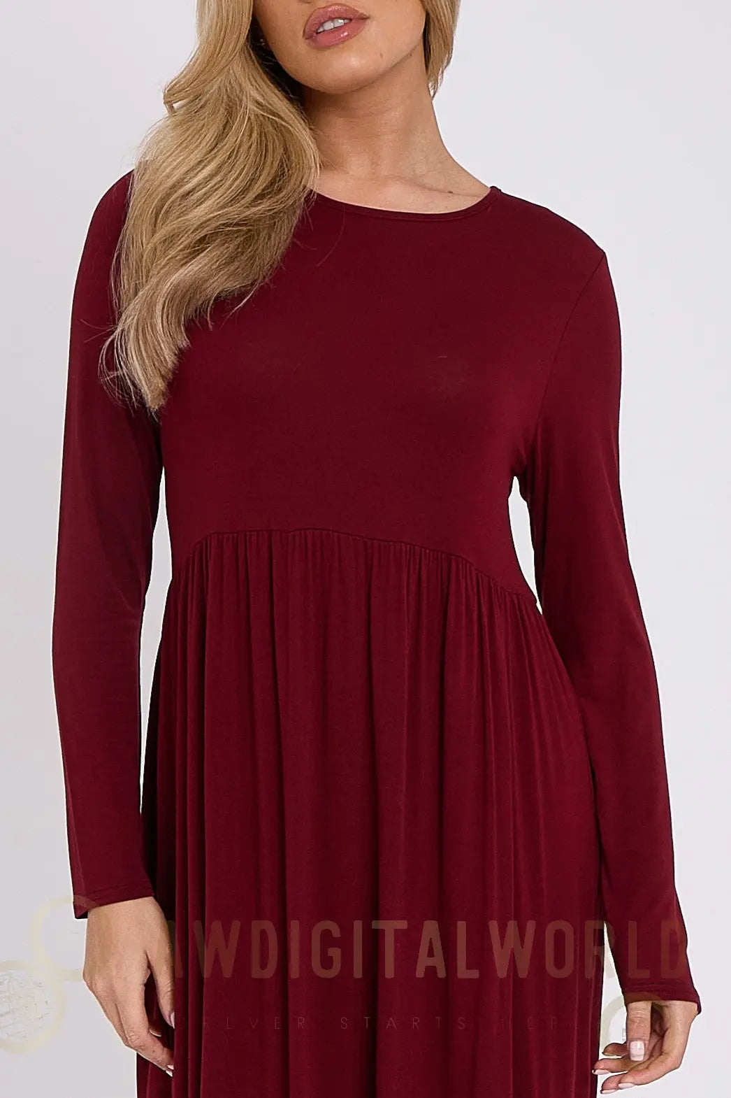 Wine Long Sleeve Gathered Waist Dress Aftershock London
