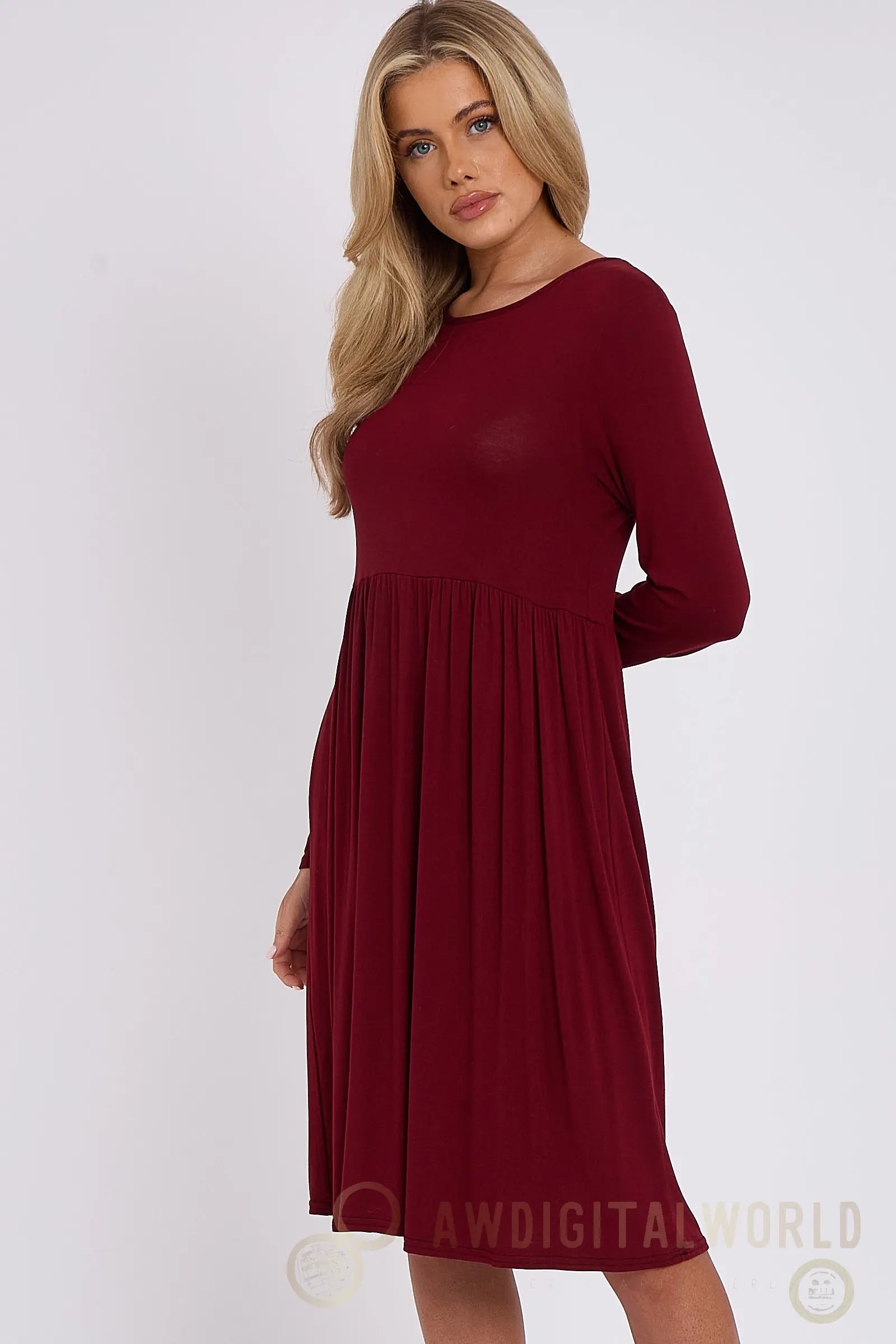 Wine Long Sleeve Gathered Waist Dress Aftershock London