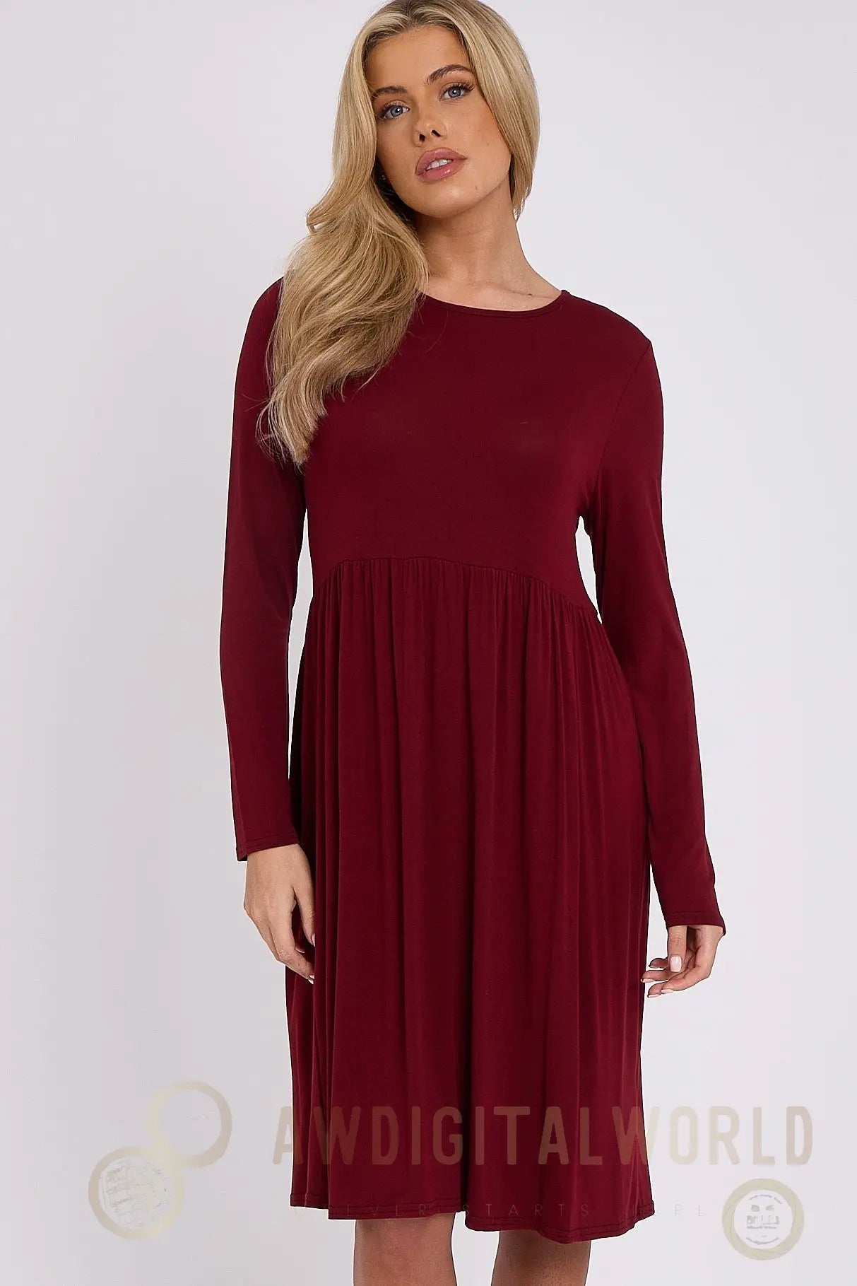 Wine Long Sleeve Gathered Waist Dress Aftershock London