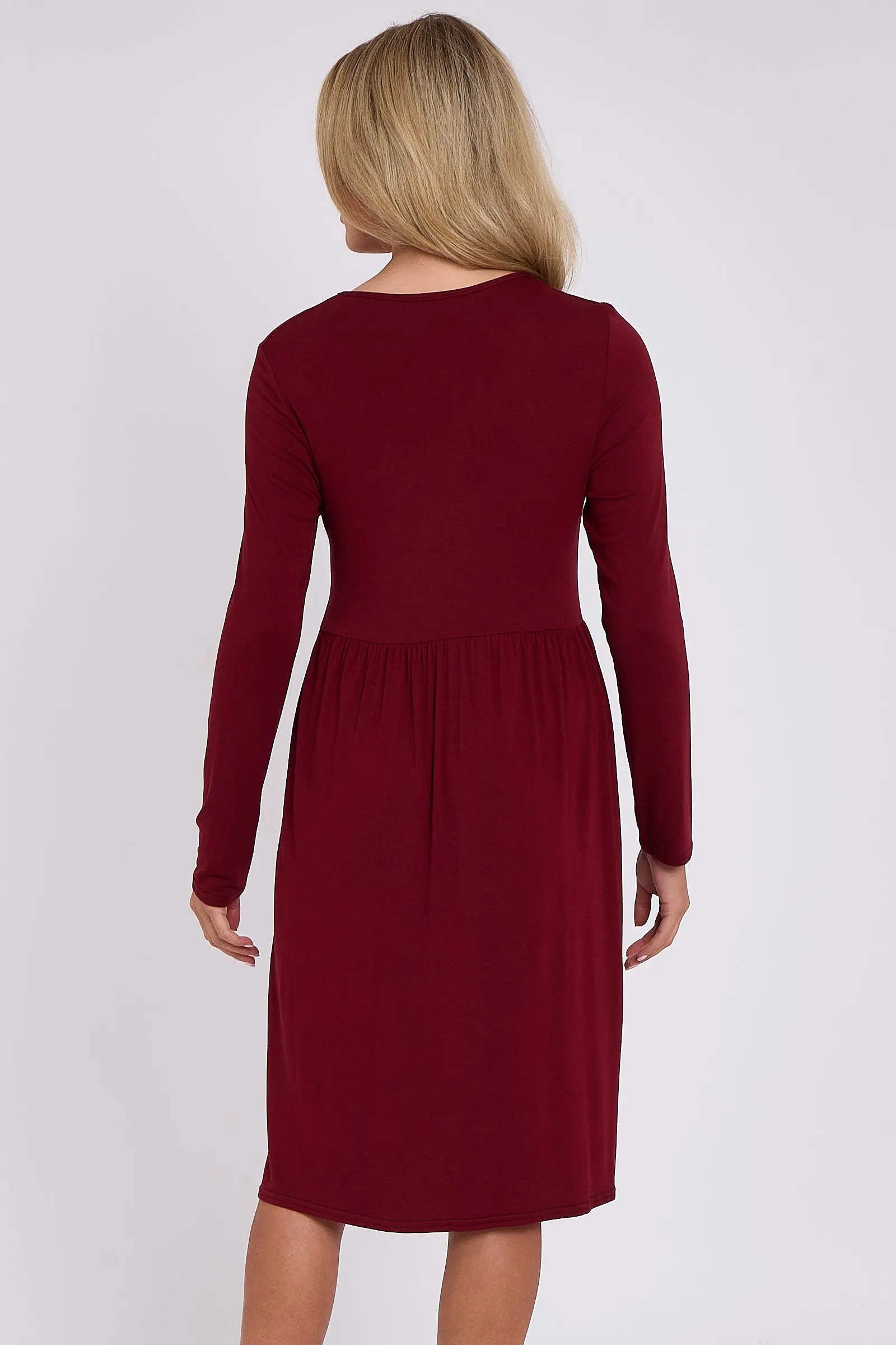 Wine Long Sleeve Gathered Waist Dress Aftershock London