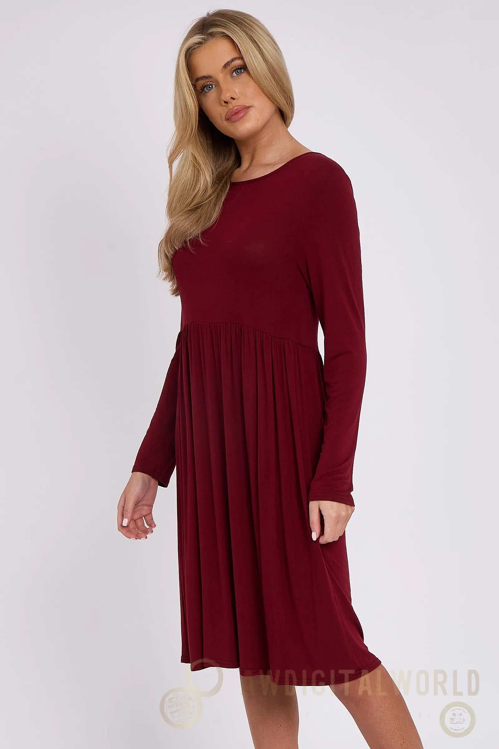 Wine Long Sleeve Gathered Waist Dress Aftershock London