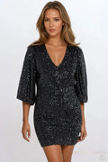 Black Sequin V Neck Mini Dress Aftershock London