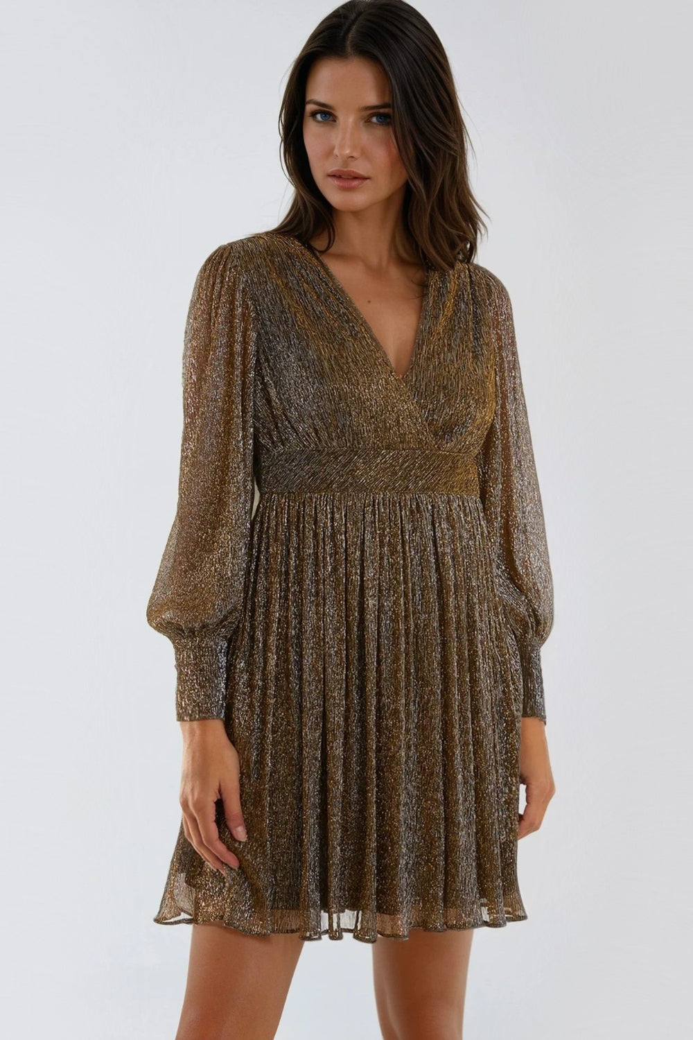 Gold Metallic V-Neck Mini Dress Aftershock London