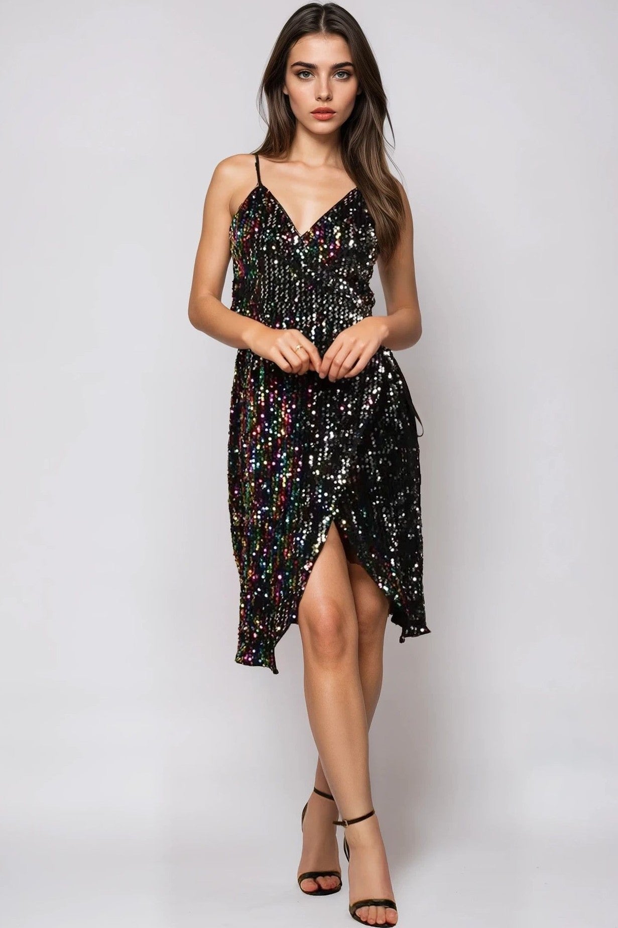 Multicolour Sequin Velvet Mini Wrap Dress Aftershock London