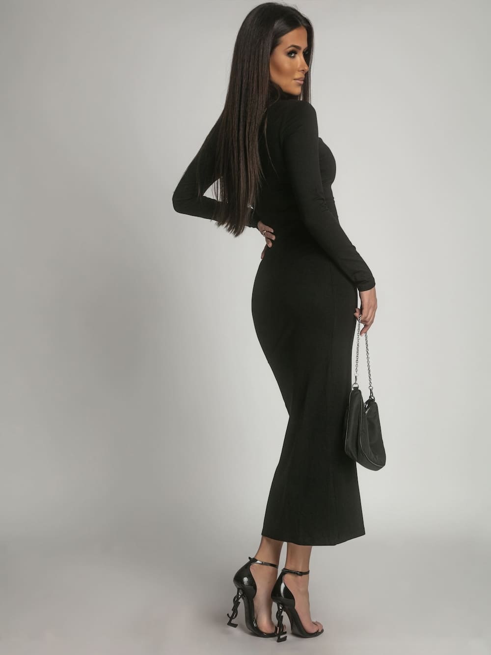 Smooth dress with long sleeves and a turtleneck, black FG678 Rose Pallas