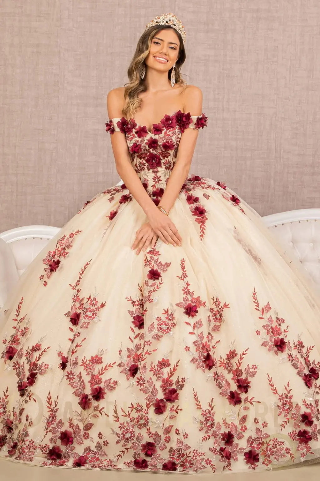 3-D Flower Embroidery Off Shoulder Mesh Quinceanera Gown-0