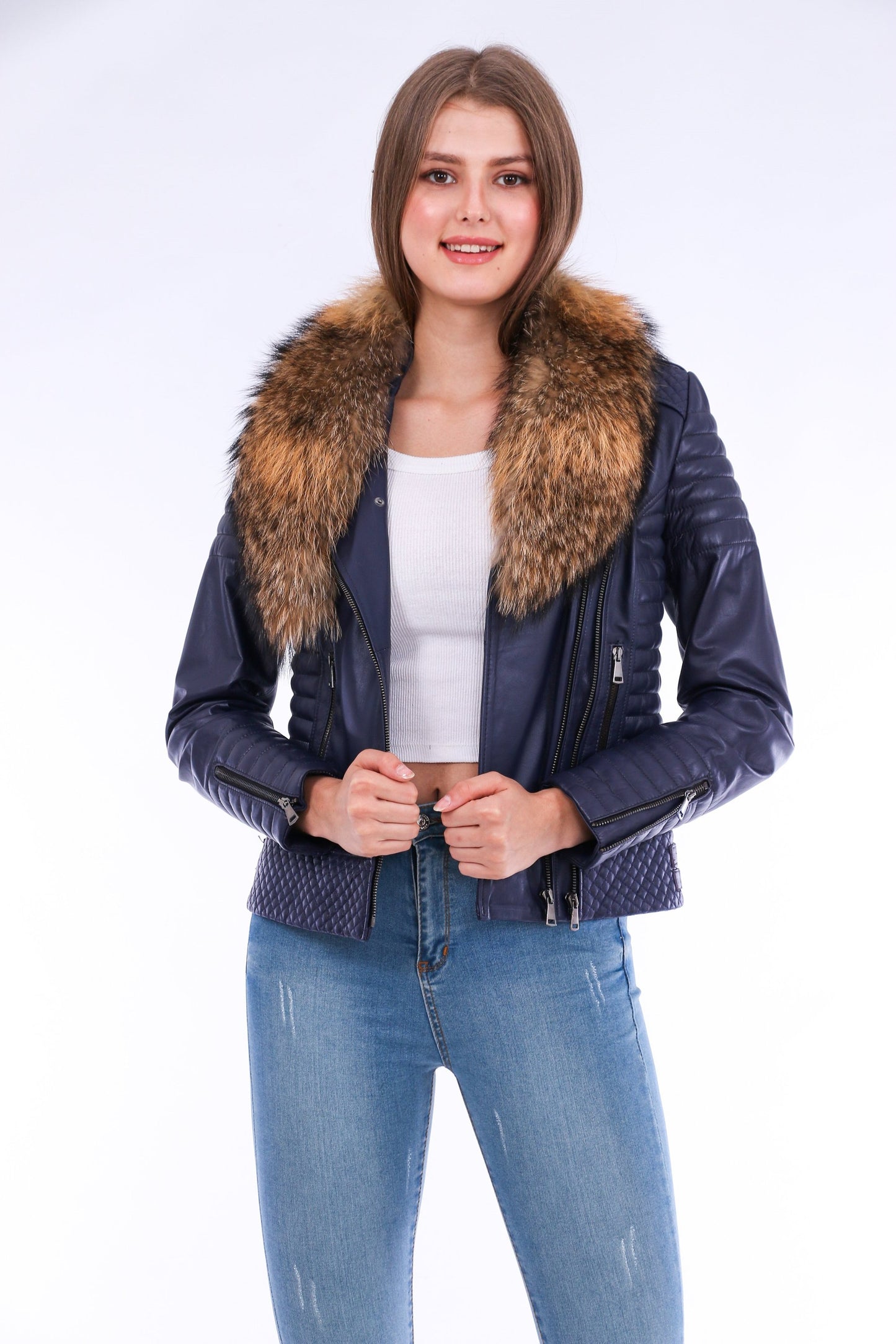 Milani Quilted Leather Biker Jacket - Navy Blue Sangria Iapetus