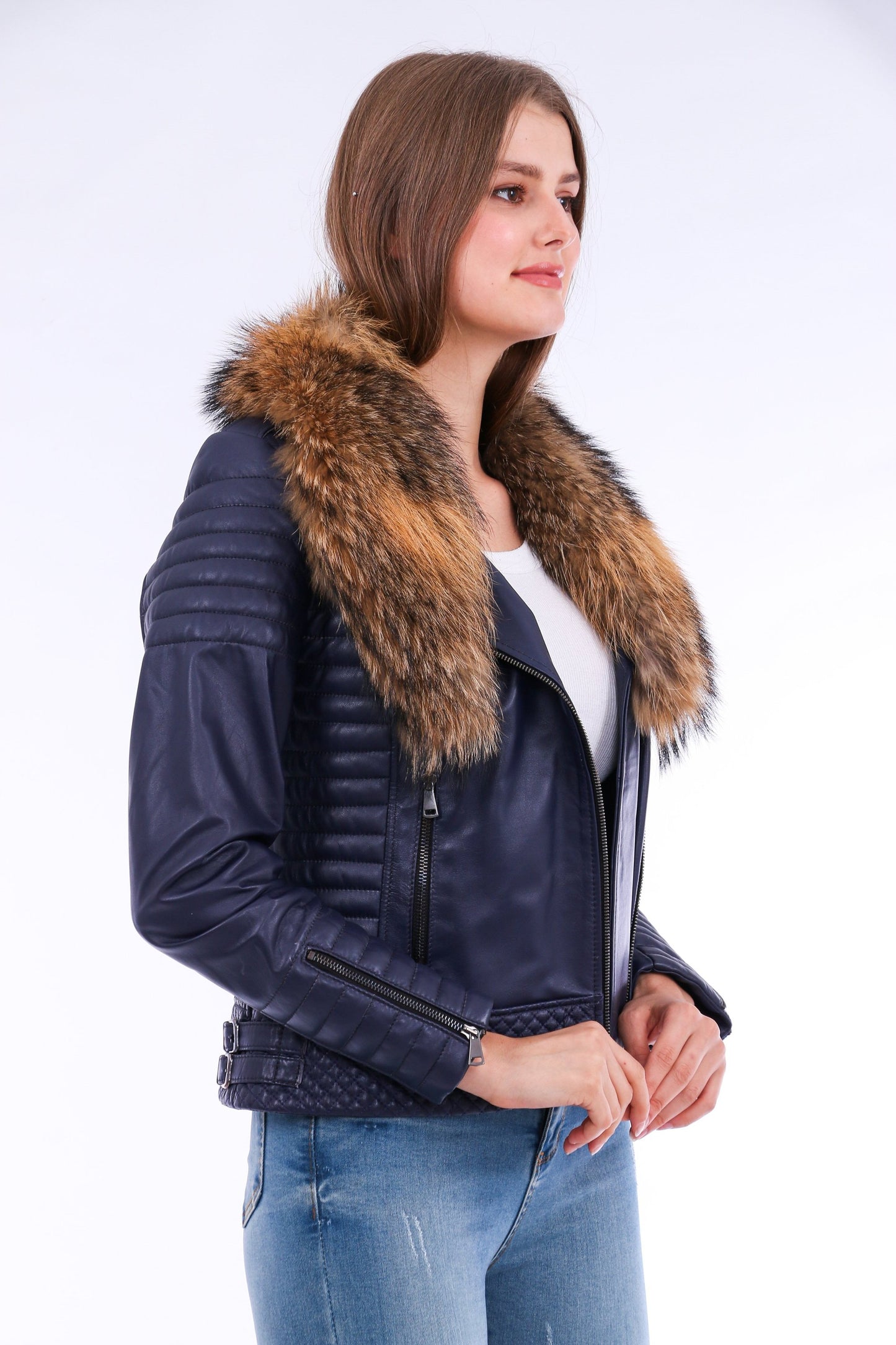 Milani Quilted Leather Biker Jacket - Navy Blue Sangria Iapetus