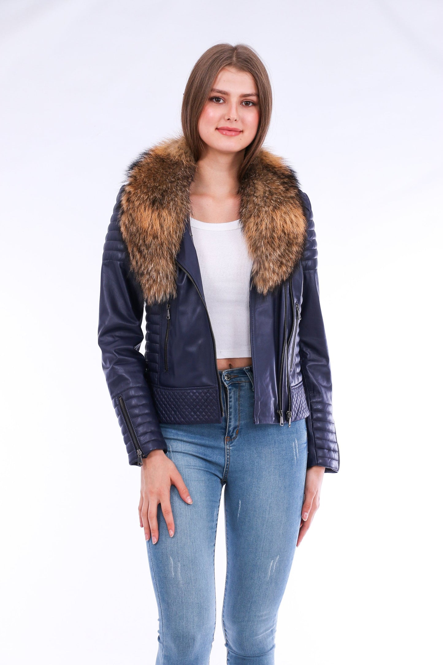 Milani Quilted Leather Biker Jacket - Navy Blue Sangria Iapetus