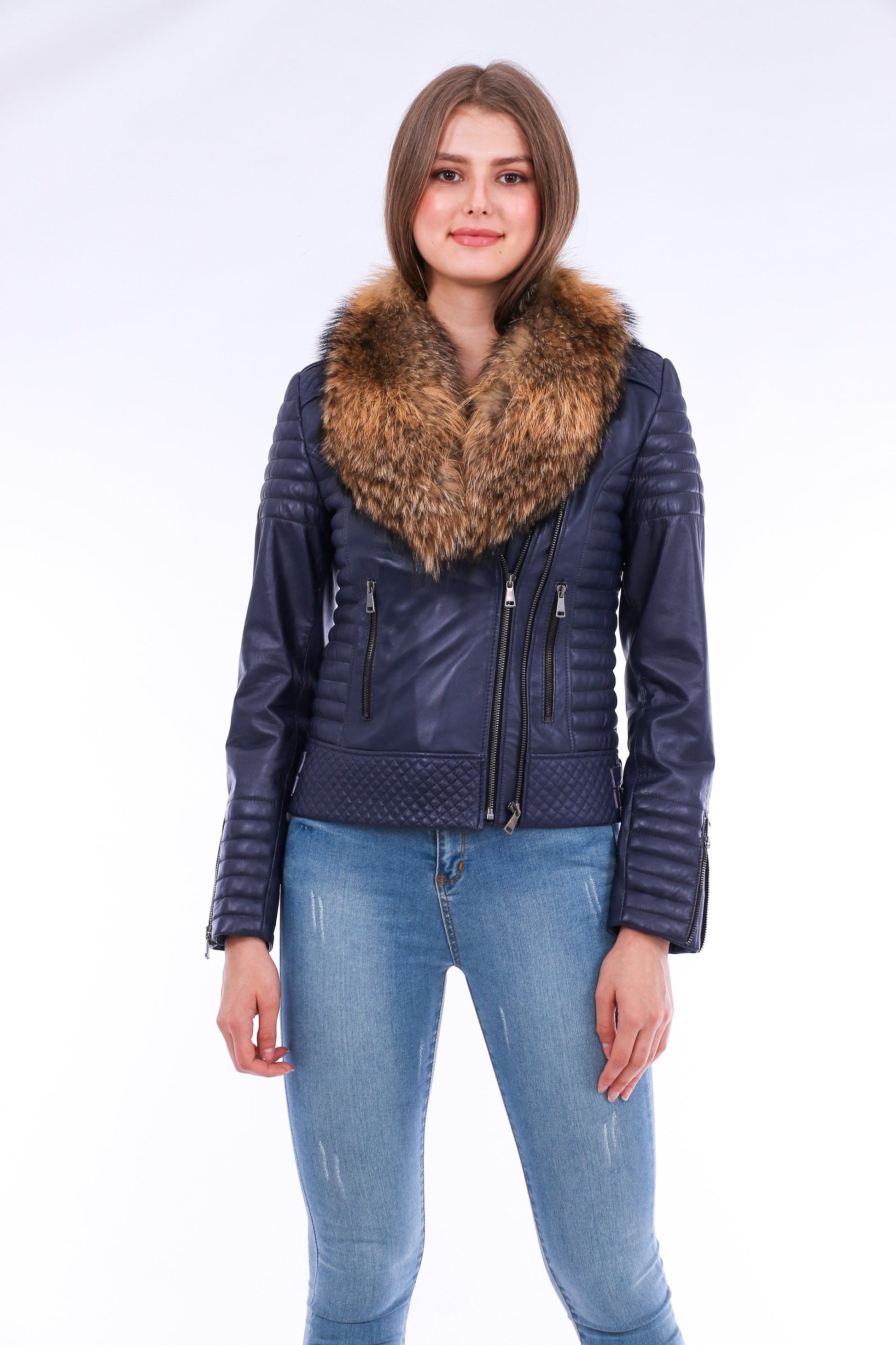 Milani Quilted Leather Biker Jacket - Navy Blue Sangria Iapetus