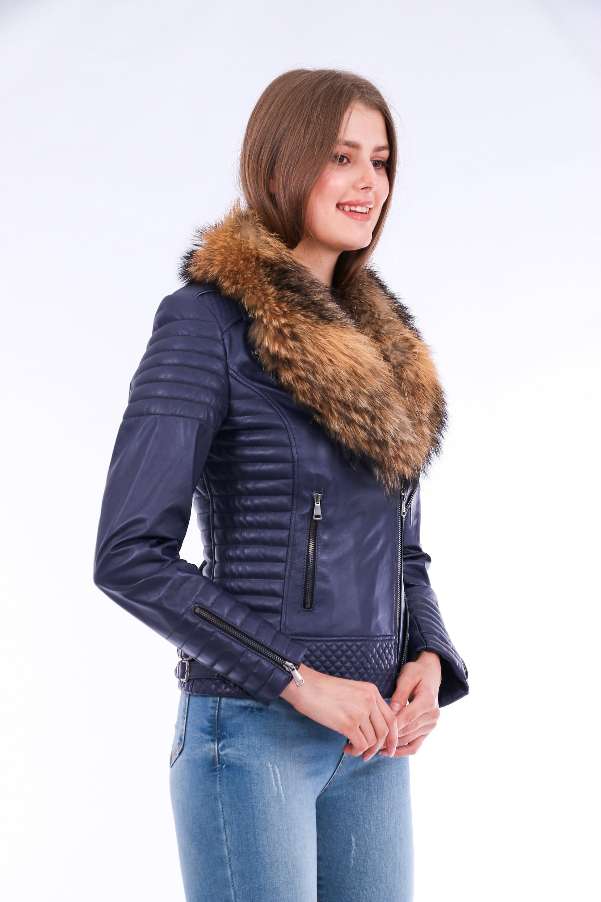 Milani Quilted Leather Biker Jacket - Navy Blue Sangria Iapetus