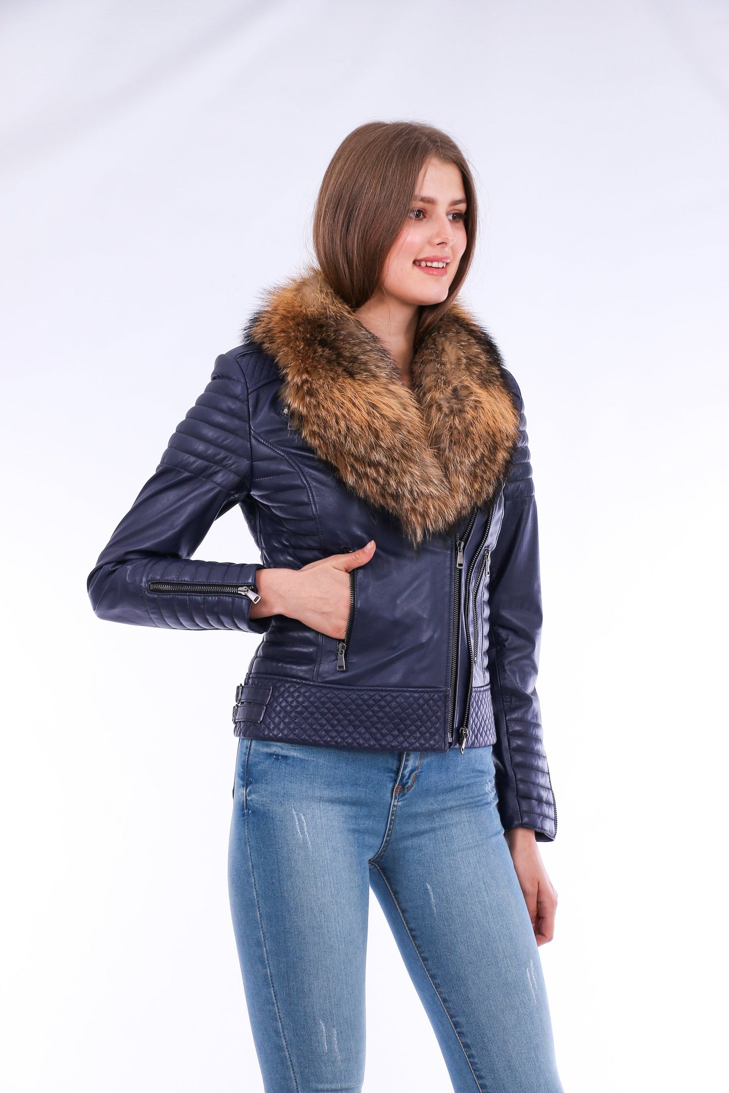 Milani Quilted Leather Biker Jacket - Navy Blue Sangria Iapetus