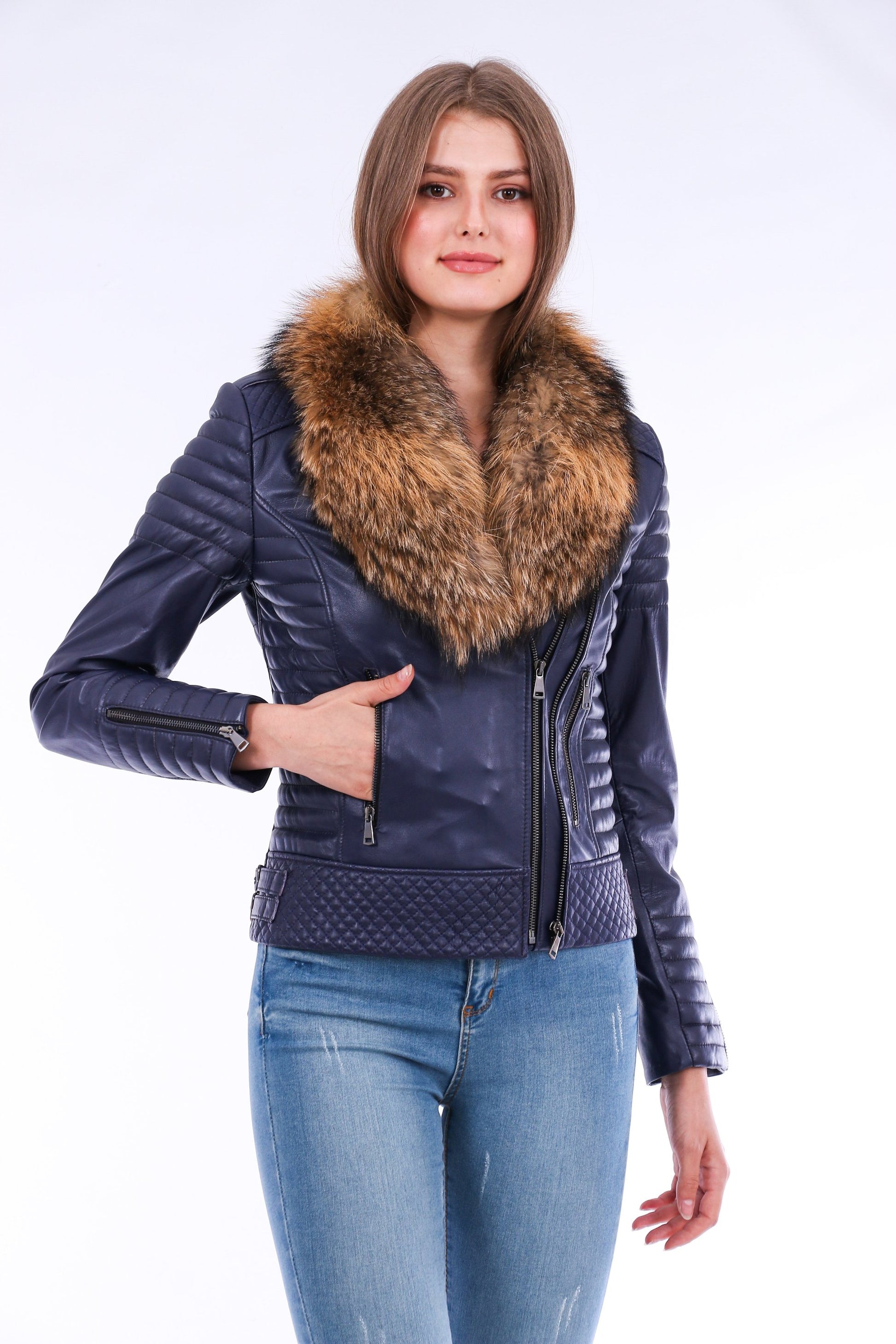 Milani Quilted Leather Biker Jacket - Navy Blue Sangria Iapetus