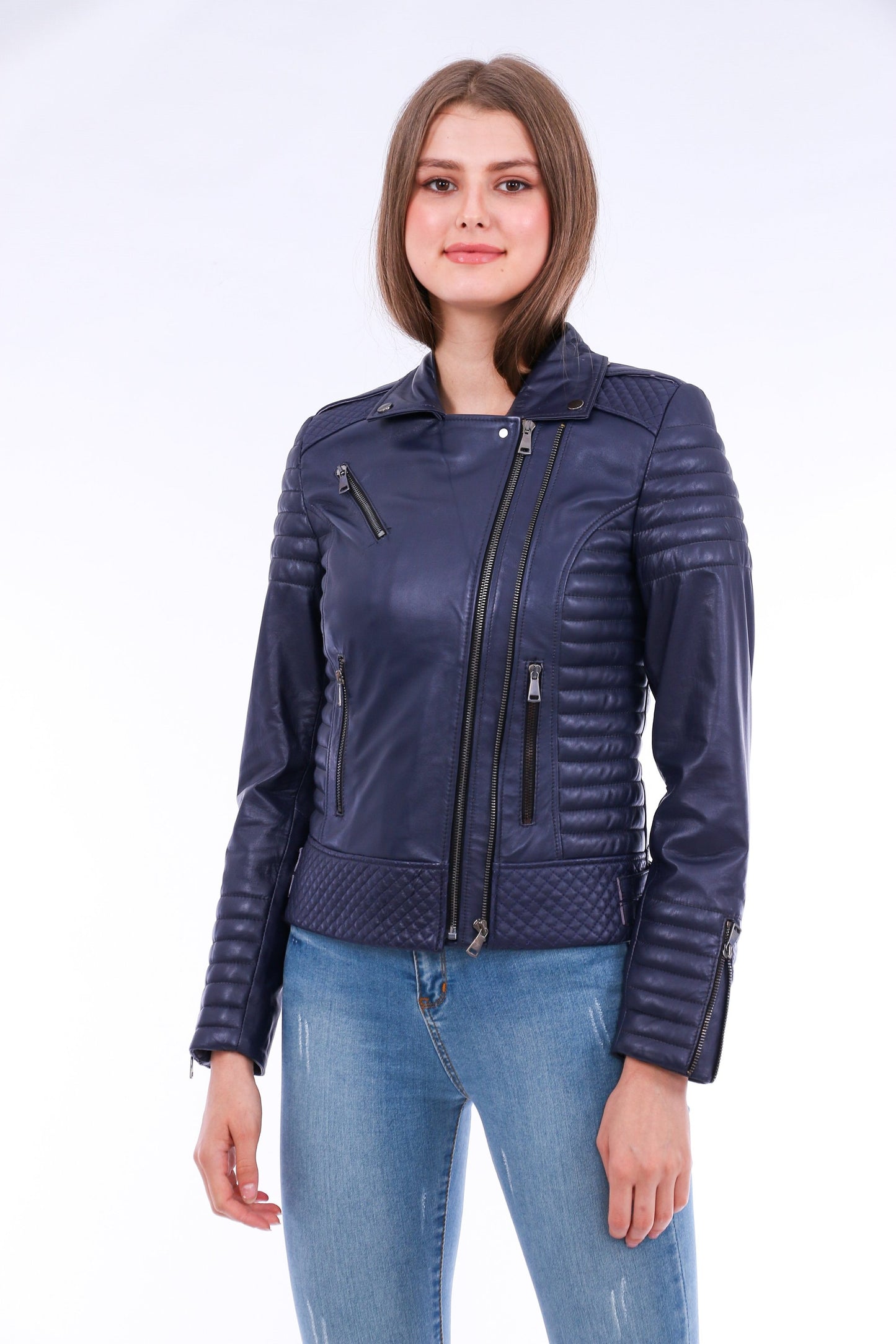 Milani Quilted Leather Biker Jacket - Navy Blue Sangria Iapetus