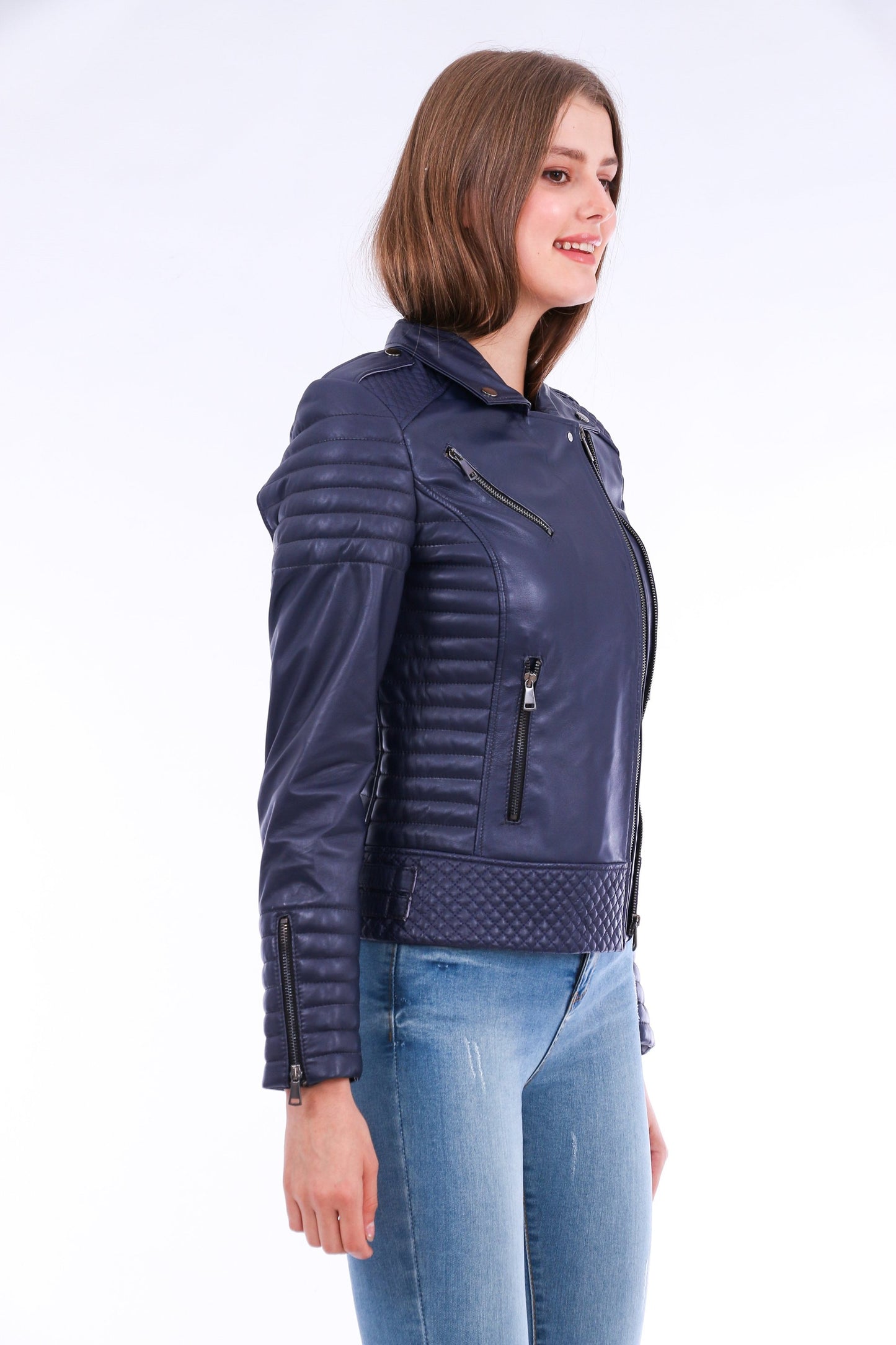 Milani Quilted Leather Biker Jacket - Navy Blue Sangria Iapetus