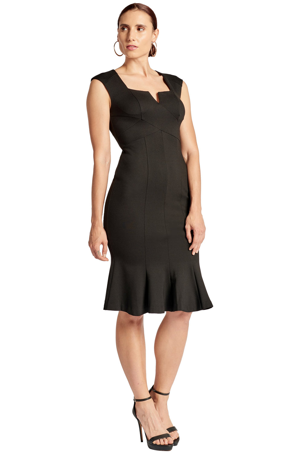 Ivy Dress - Sleeveless seamed stretch Ponte midi mermaid hem dress Peach Dionysus