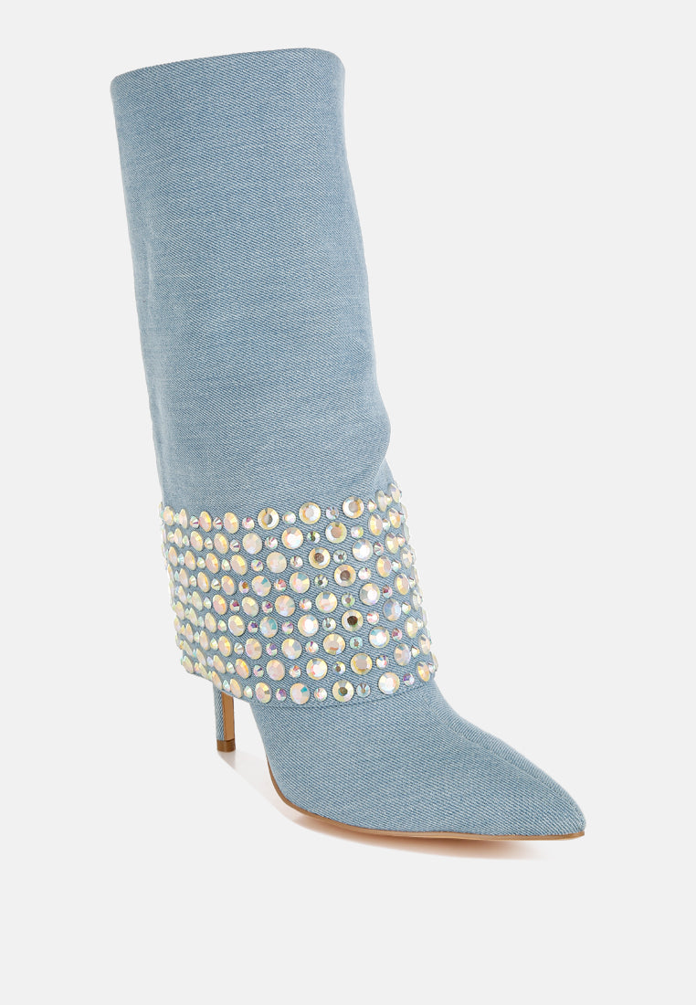 Mike Drop Diamante & Rhinestones Denim Boots London Rag