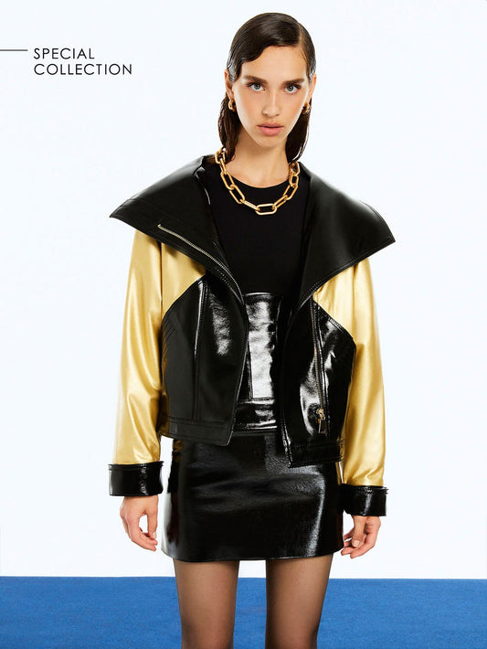 Wide Collar Patent Faux Leather Jacket Bronze Aphrodite