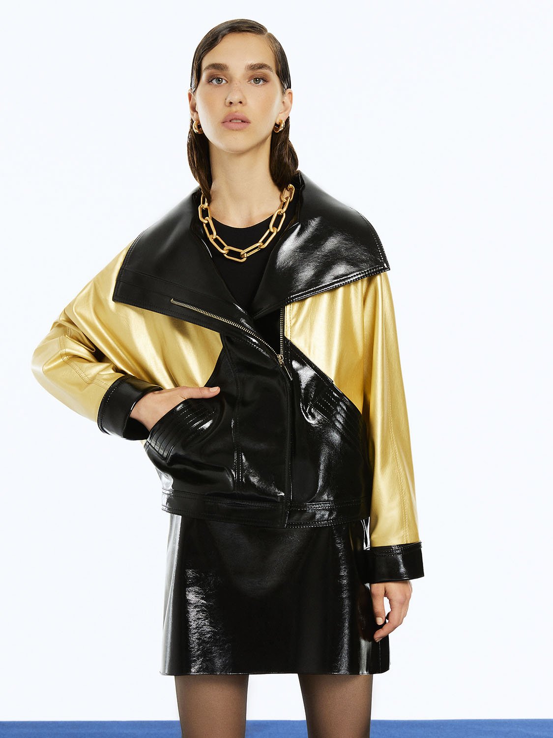 Wide Collar Patent Faux Leather Jacket Bronze Aphrodite