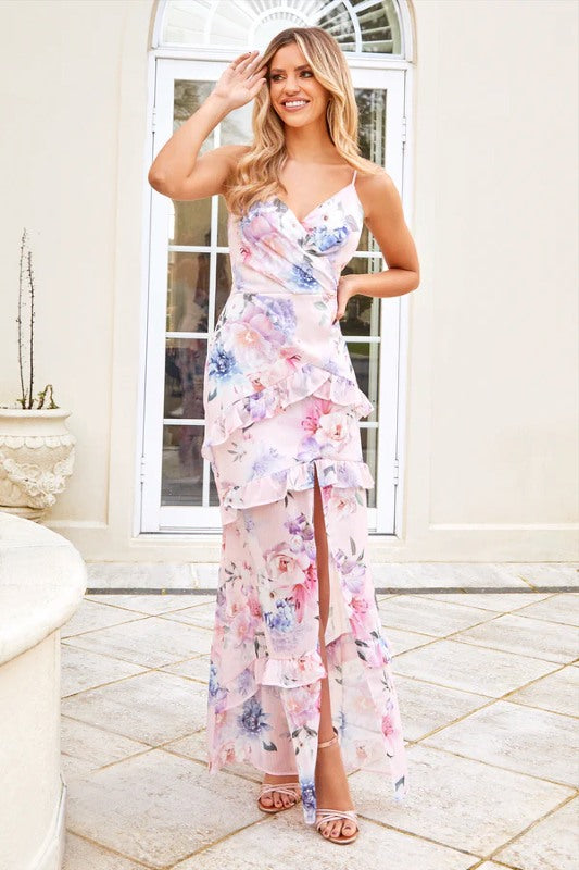 Pink Floral Strappy Wrap Maxi Dress Aftershock London