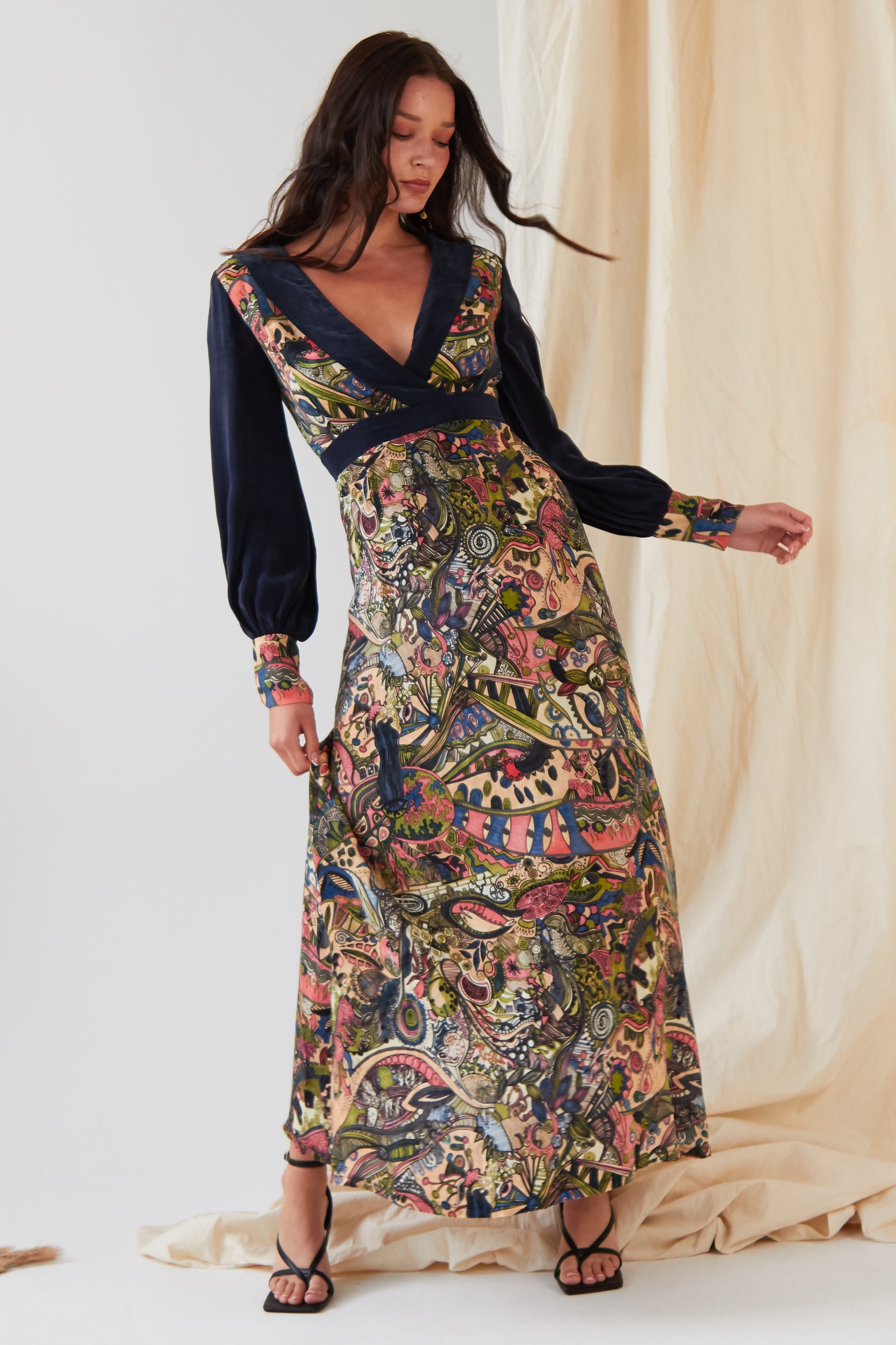 Hand painted Long Sleeve Maxi Dress Sarvin
