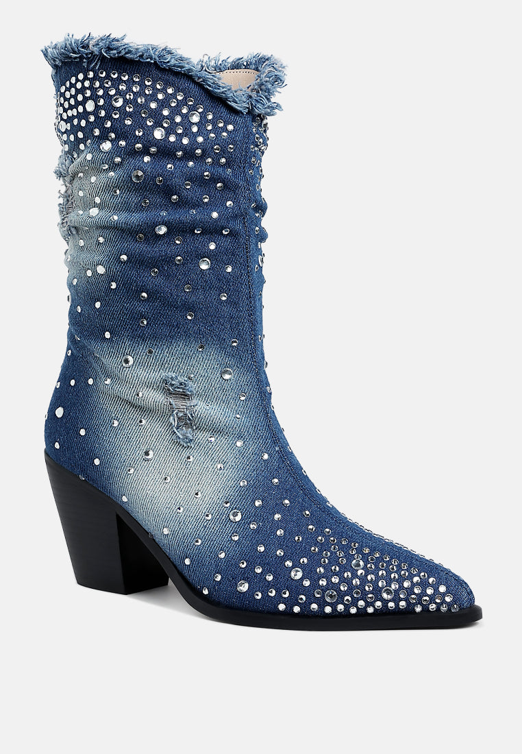 Savant Diamante & Rhinestones Denim Boots-2