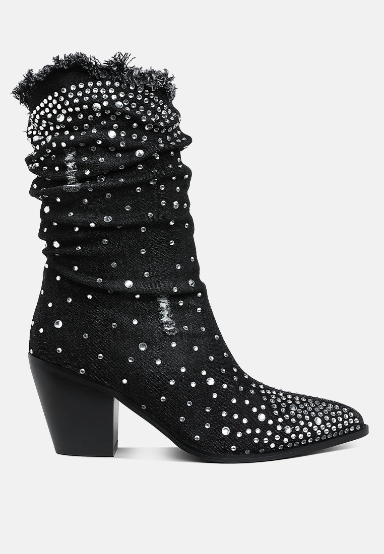 Savant Diamante & Rhinestones Denim Boots-5