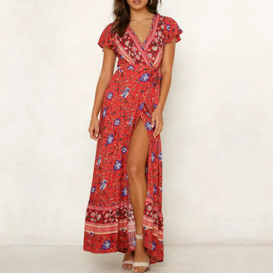 Womens Wrap Style V Neck Floral Maxi Dress - Andrew & Wendy