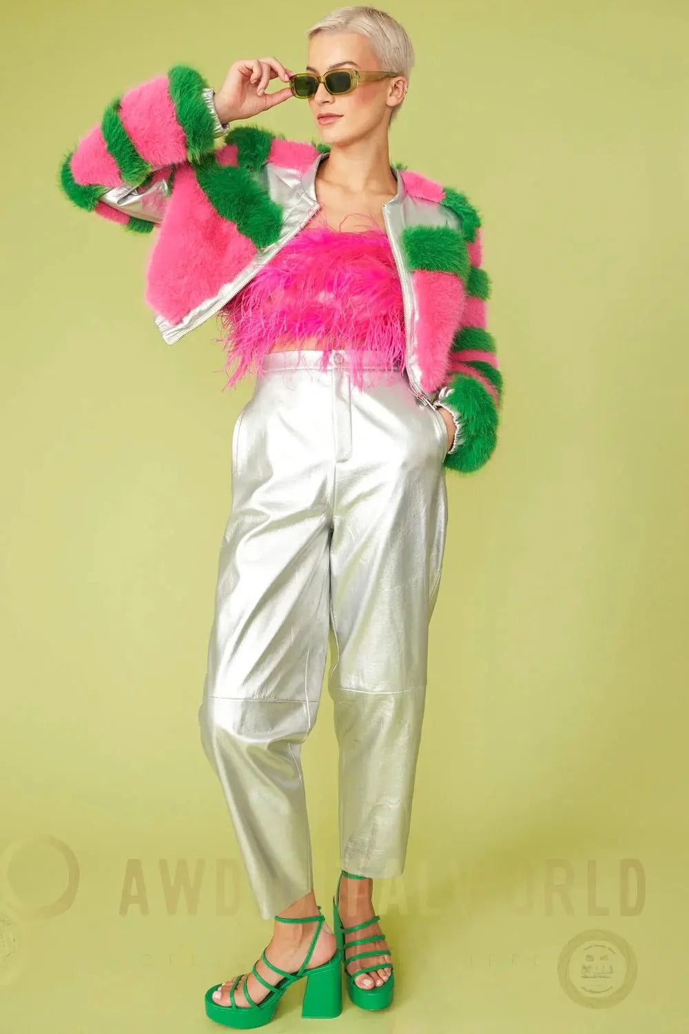 Striped Pink Faux Fur Cropped Bomber Jacket Buy Me Fur Ltd
