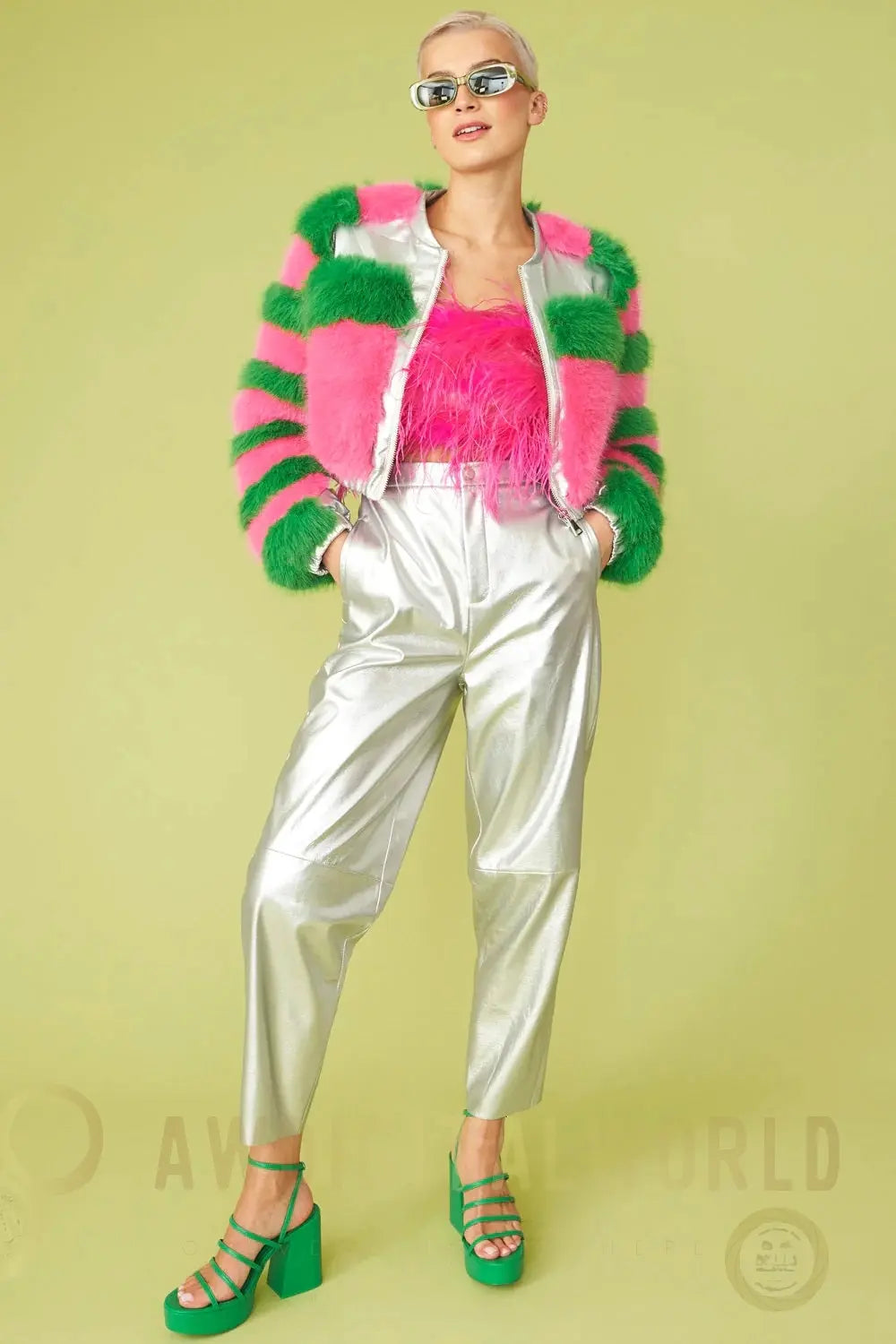 Striped Pink Faux Fur Cropped Bomber Jacket Buy Me Fur Ltd
