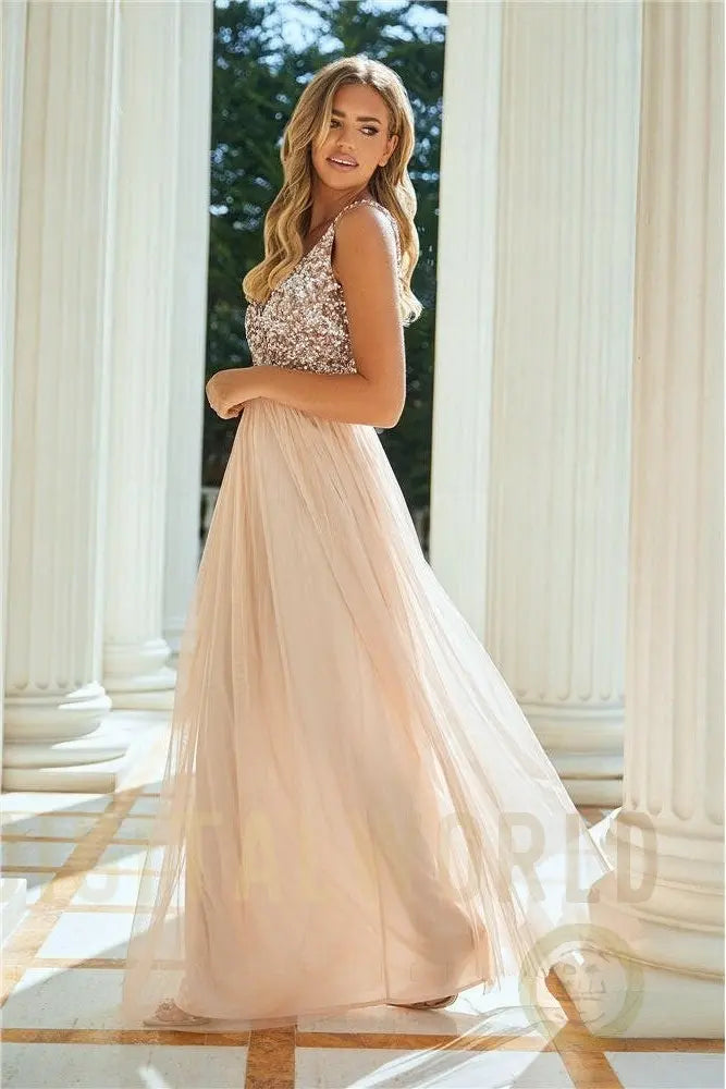 Valeria Blush Sequin V Neck Maxi DRess Aftershock London