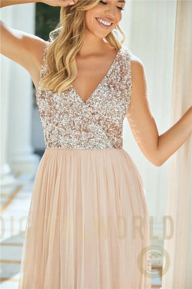 Valeria Blush Sequin V Neck Maxi DRess Aftershock London