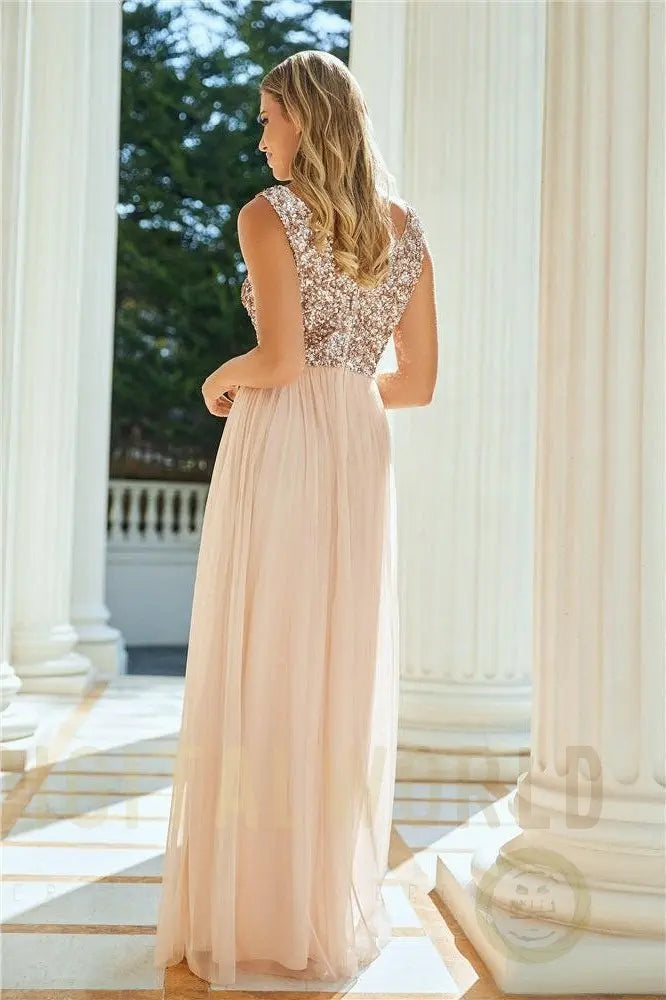Valeria Blush Sequin V Neck Maxi DRess Aftershock London