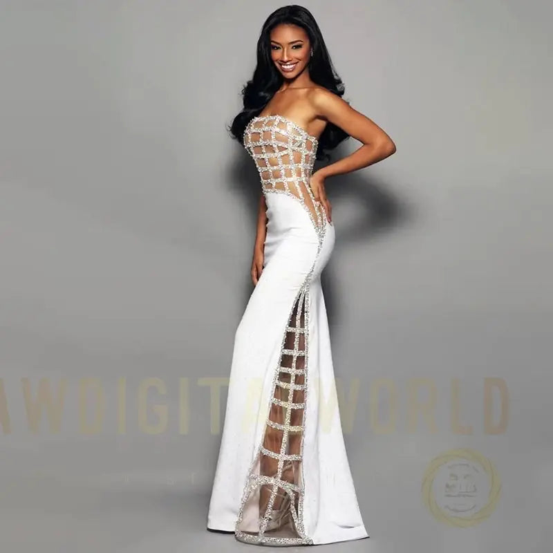 White Sequin Off-Shoulder Evening Gown For Women, Slim Fit, Midtown, BYMANYC New York. BYMANYC ® New York