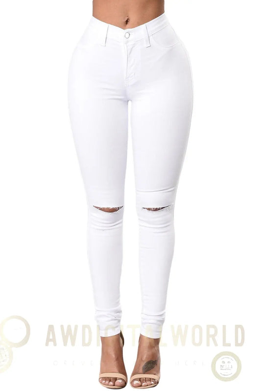 White Trendy Slit Knee Denim Pants Teal Demeter