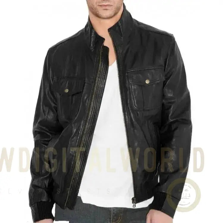 Men's Black Fitted Leather Bomber Jacket Riders Republic UK