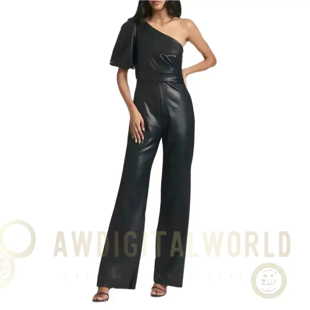 Women’s Black One-Shoulder Flared Leather Jumpsuit Riders Republic UK
