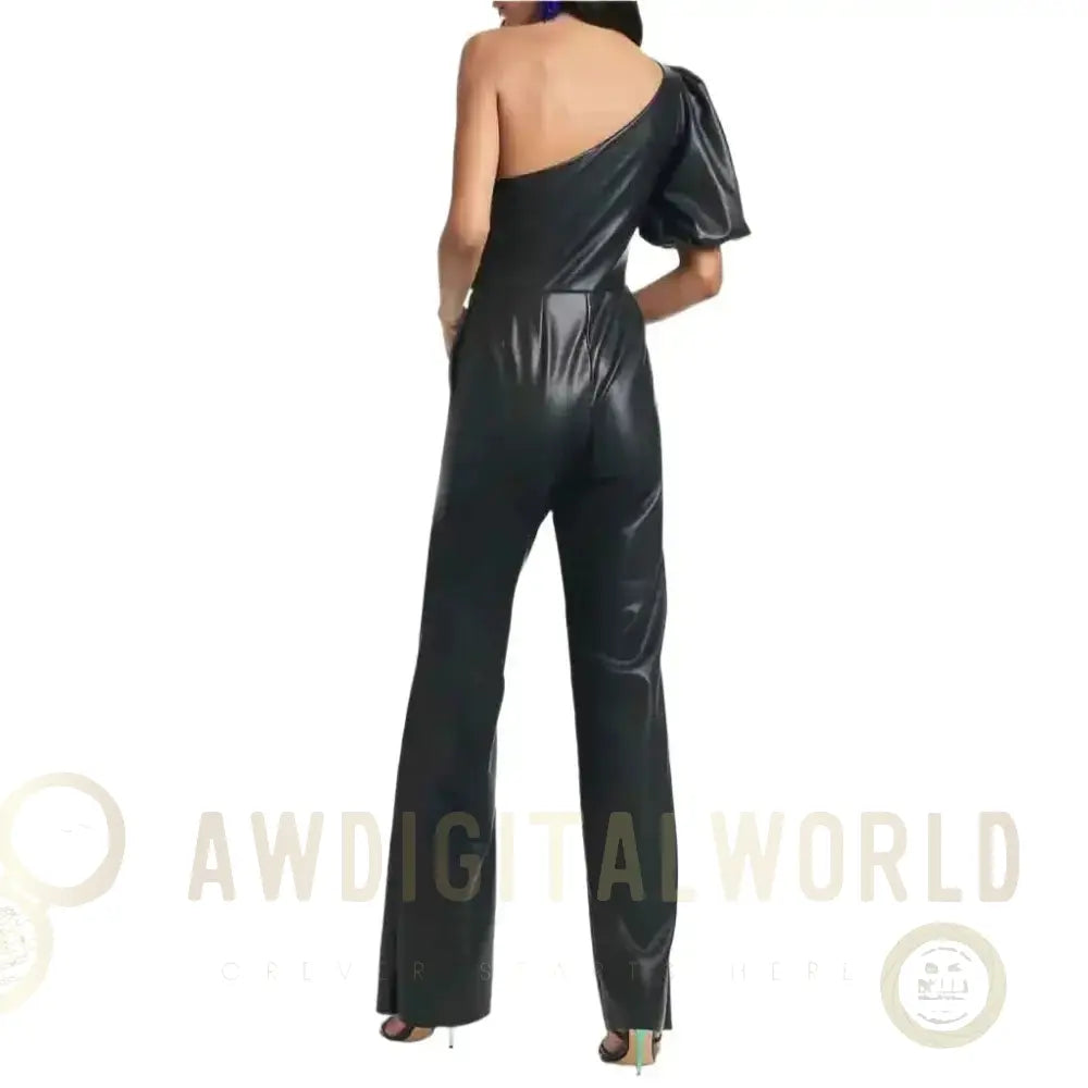 Women’s Black One-Shoulder Flared Leather Jumpsuit Riders Republic UK