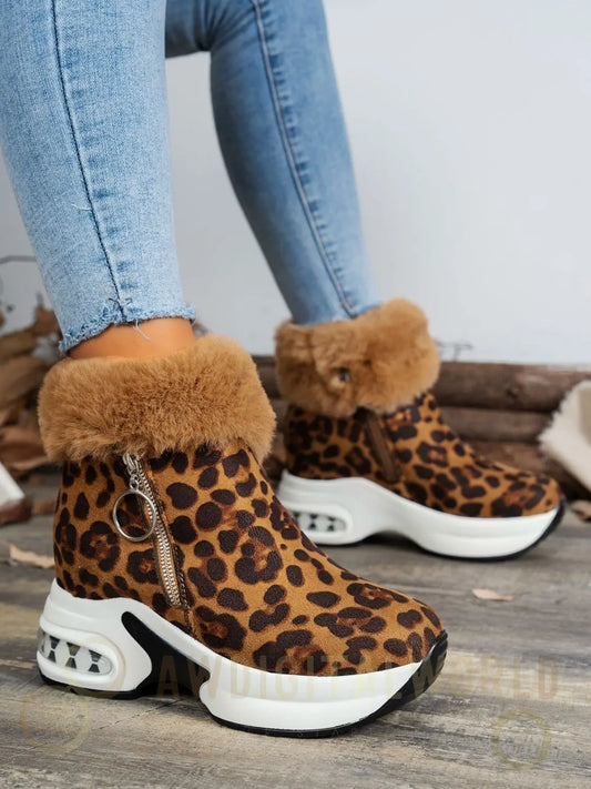 Side Zipper Leopard Platform Boots Coral Vanilla