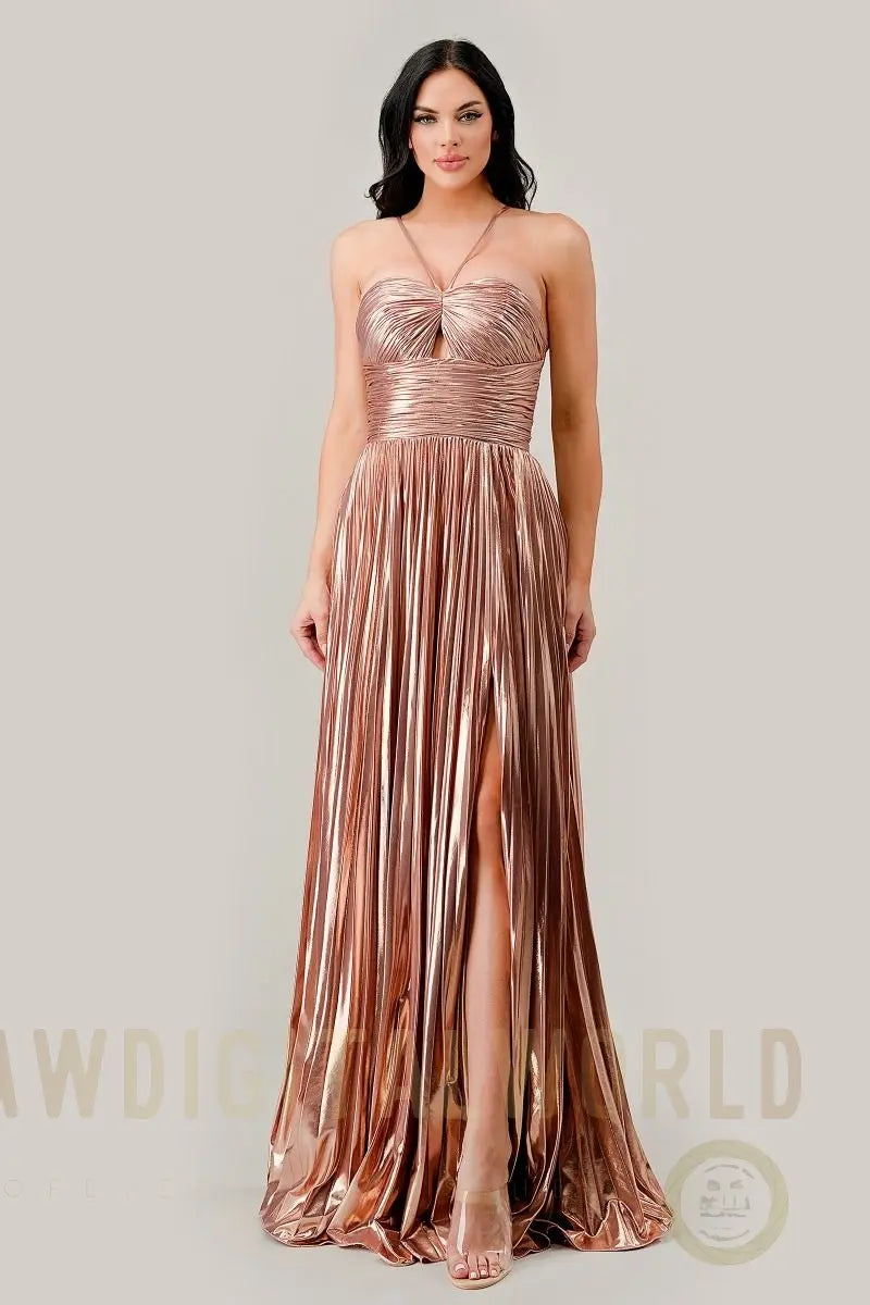 Halter Pleated Lame' Metallic A-Line Gown-1