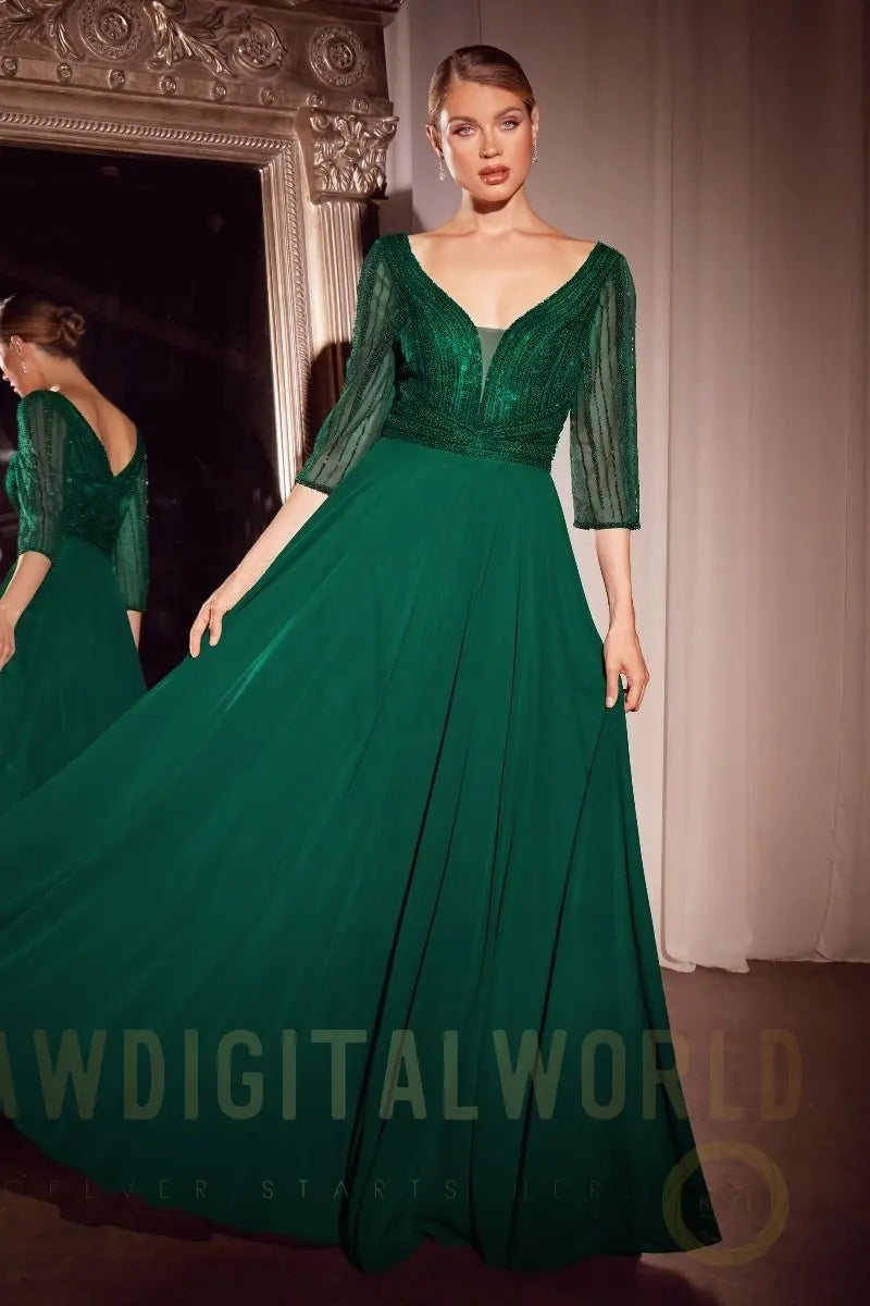 Three Quarter Sleeve Beaded Chiffon Dress Tux-USA