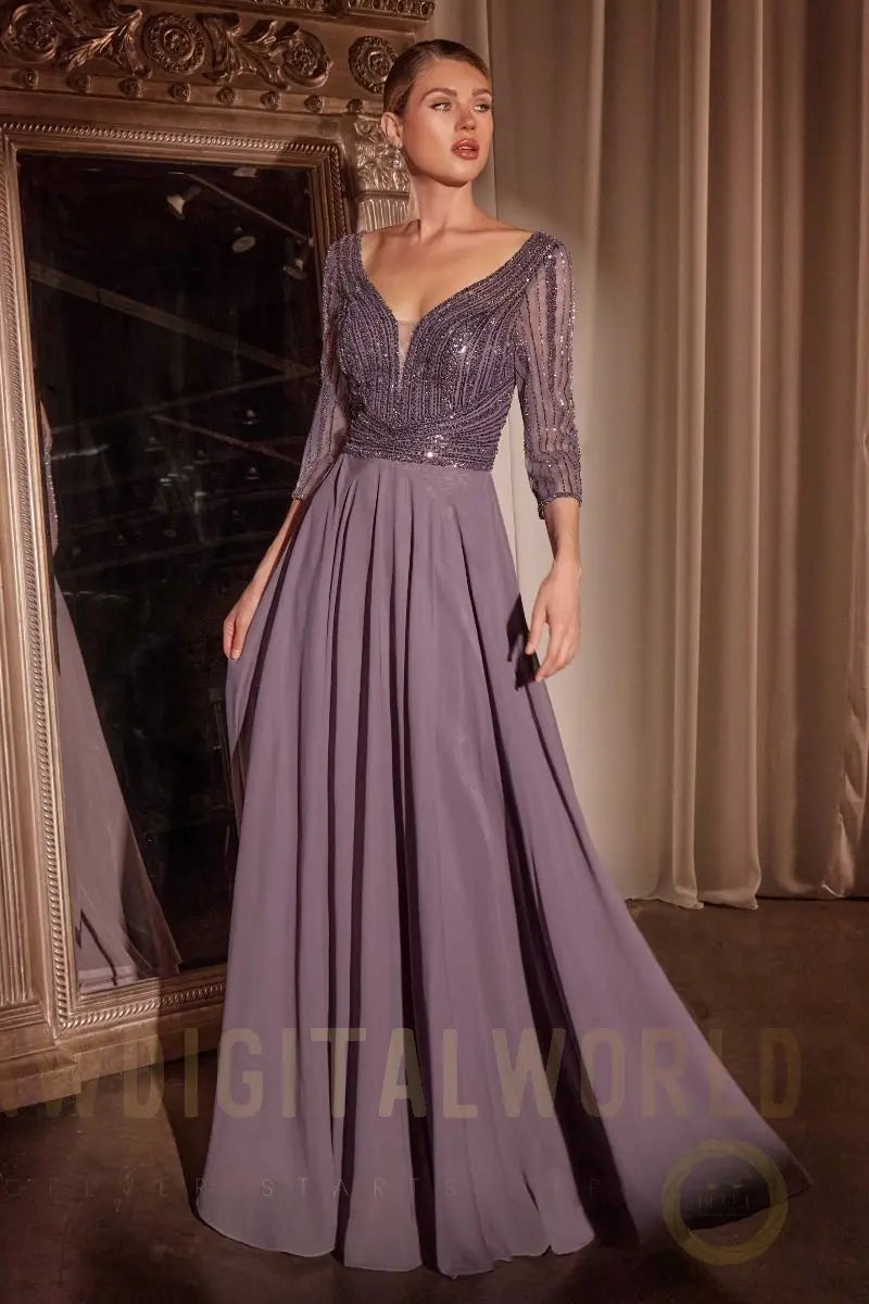 Three Quarter Sleeve Beaded Chiffon Dress Tux-USA