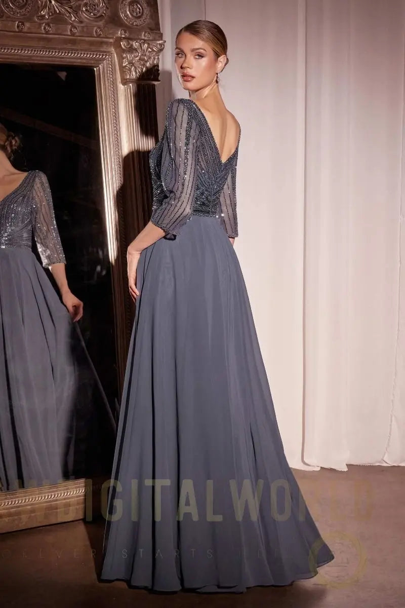 Three Quarter Sleeve Beaded Chiffon Dress Tux-USA