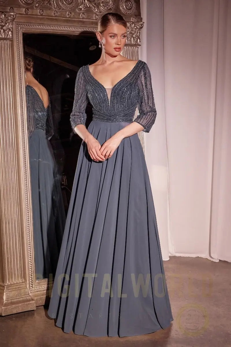 Three Quarter Sleeve Beaded Chiffon Dress Tux-USA