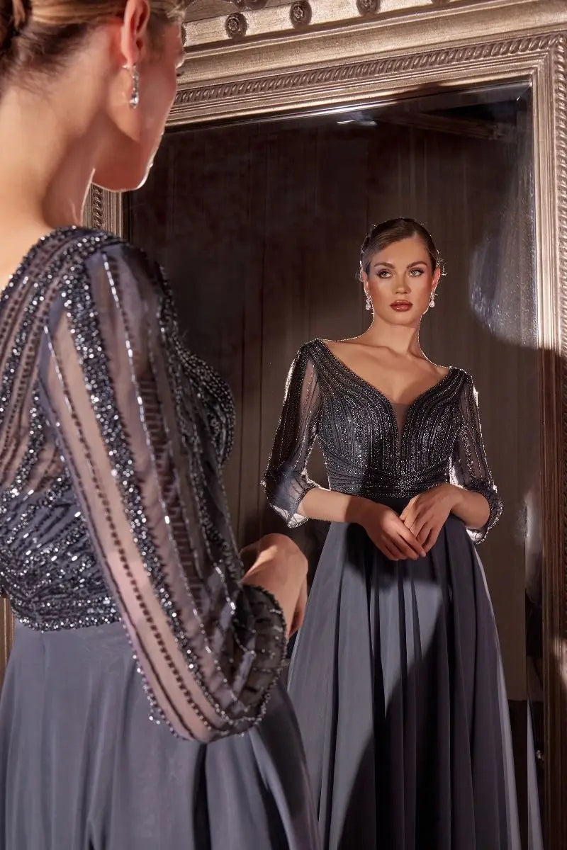 Three Quarter Sleeve Beaded Chiffon Dress Tux-USA
