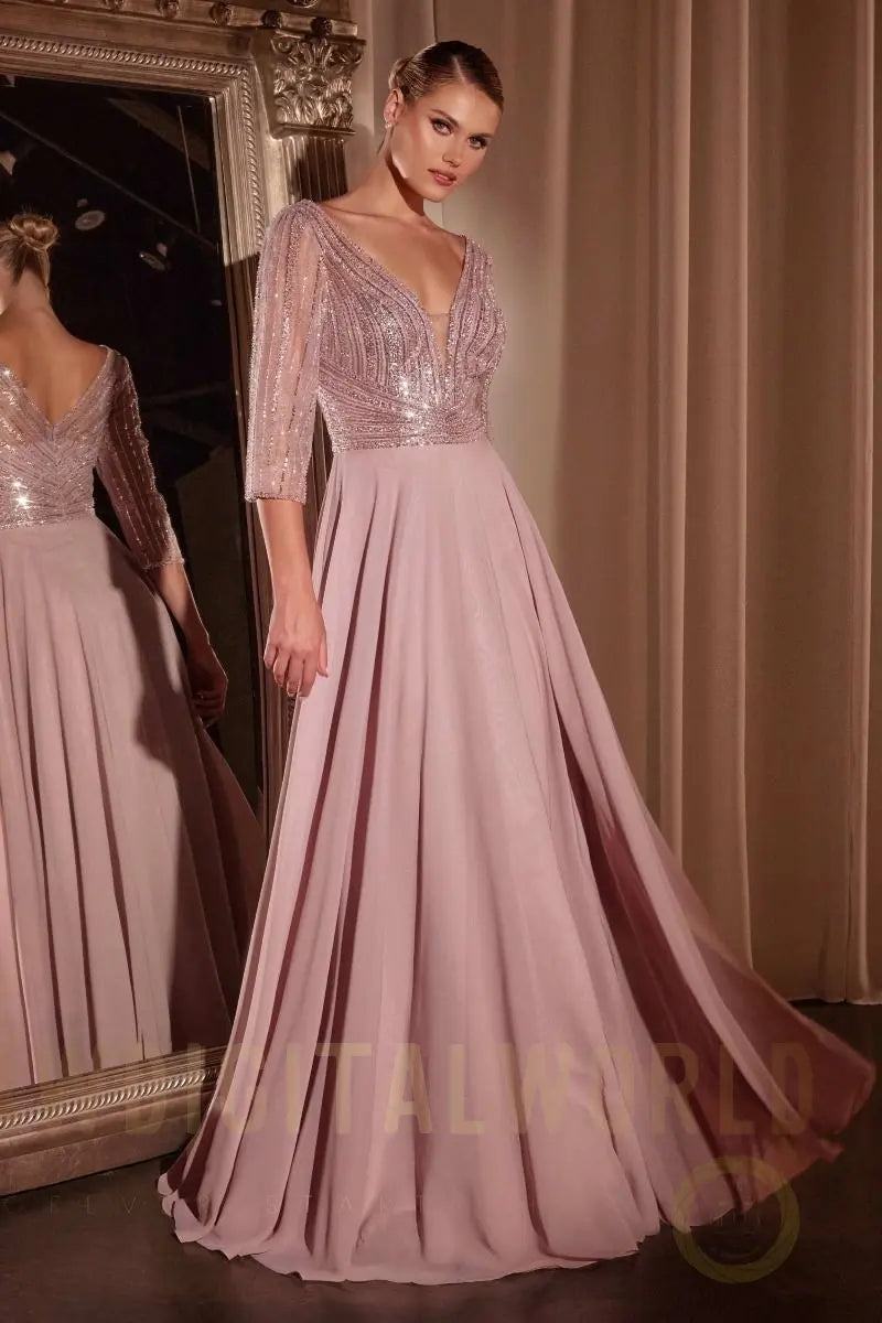 Three Quarter Sleeve Beaded Chiffon Dress Tux-USA